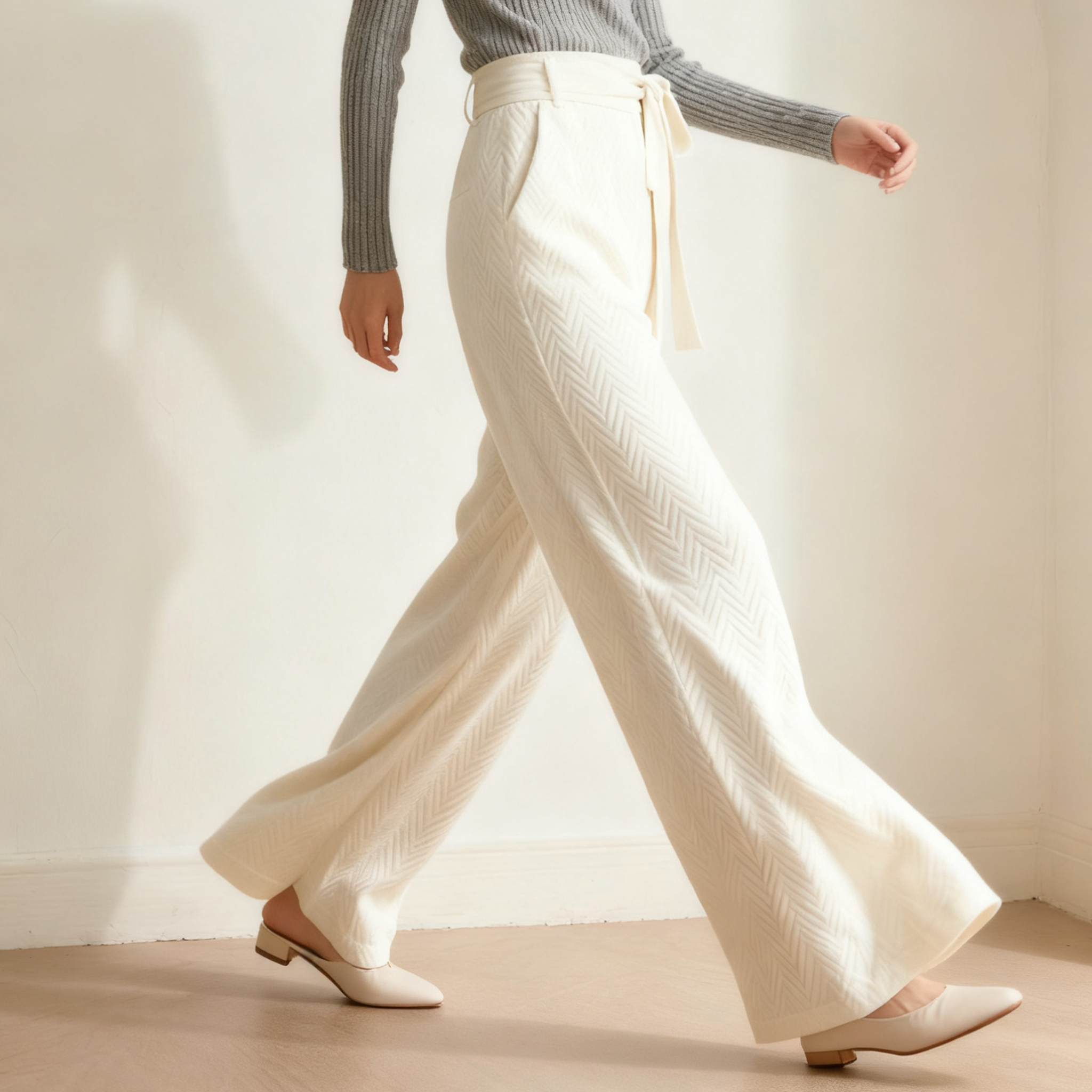 화이트 리본 와이드 팬츠 전면 이미지