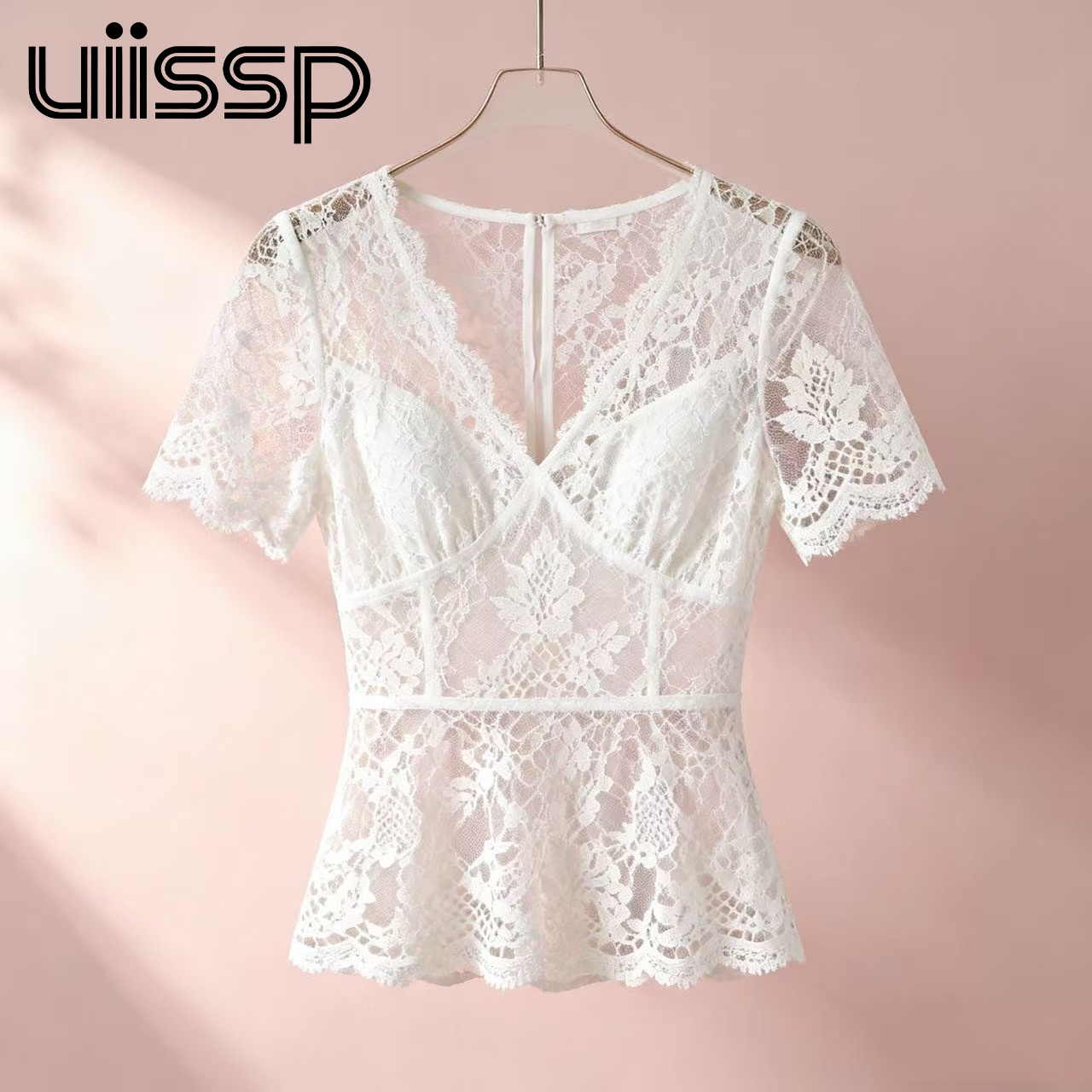 여성용 한국 스타일 슬림핏 반팔 레이스 탑