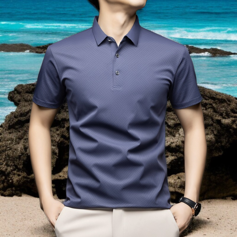 남자 아이스 실크 반팔 여름 아빠룩 캐주얼 상의 스킨 터틀넥 반팔 티셔츠 시원한 느낌 중장년 상의