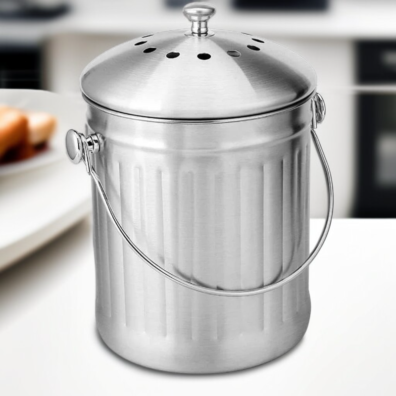 Nerezový odpadkový koš na zpracování kuchyňského odpadu s víkem – kuchyňský kompostér