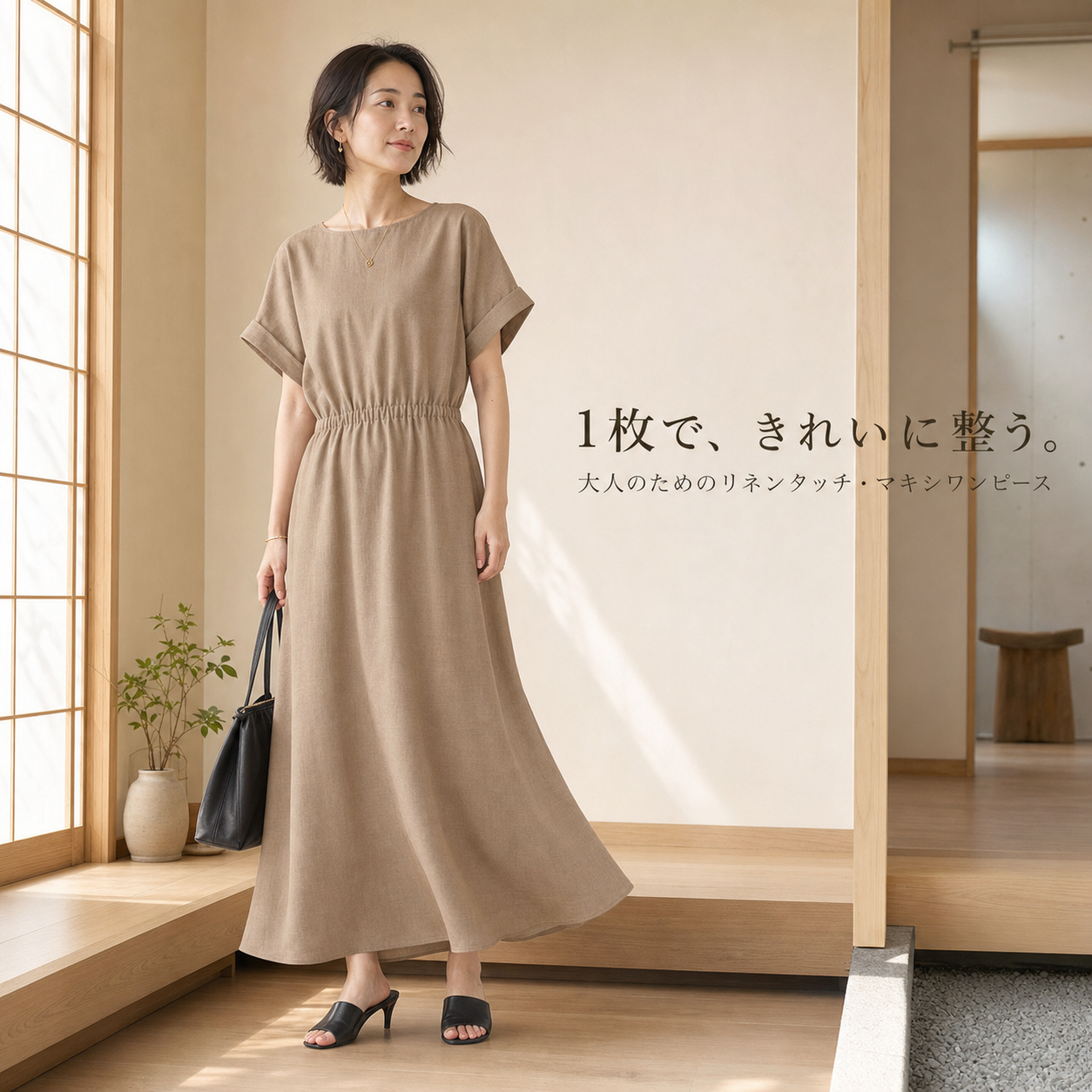 シンプル万能 夏 丸首ギャザー半袖ミディアムワンピース レディース