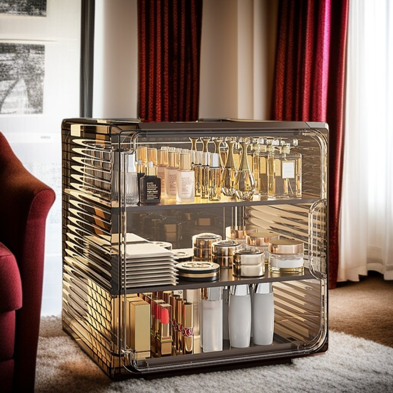 Organized makeup area using transparent acrylic organizer