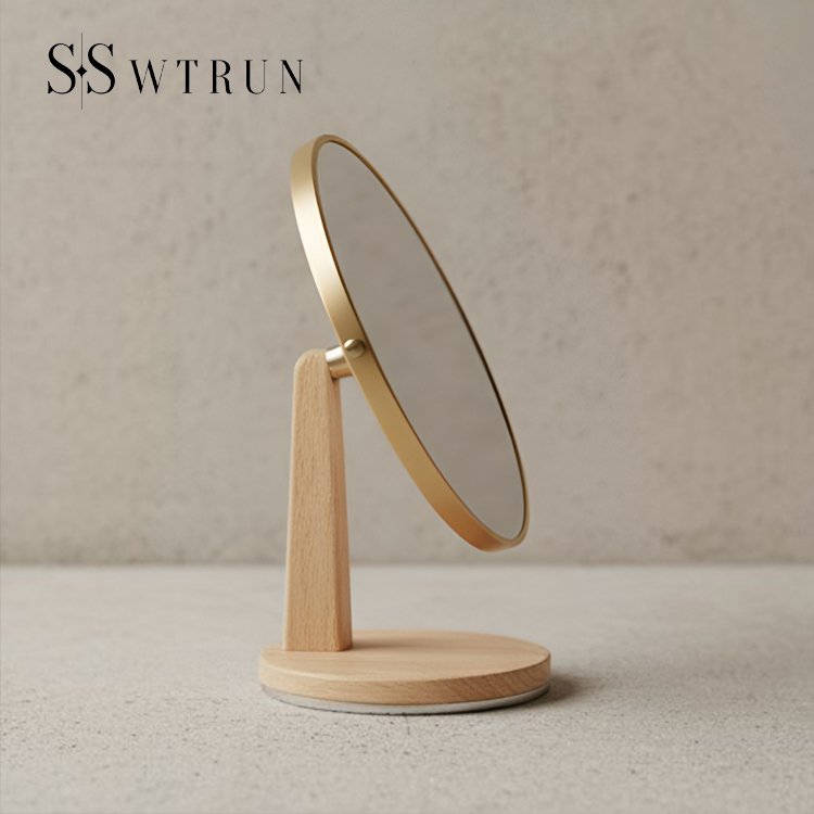 ナチュラルな木目調の丸型ミラー