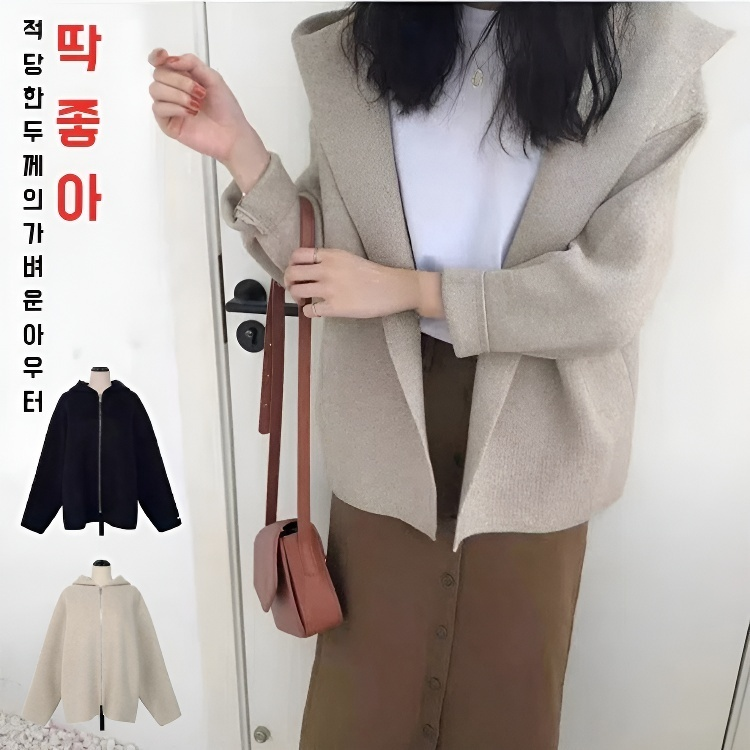 여성 숏 니트 후드 도톰 코트 캐주얼 모직 쁘띠 솔리드 루즈핏 니트 코트