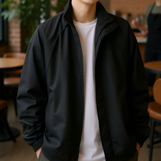 Rückansicht der Herrenjacke mit Falten und Stehkragen