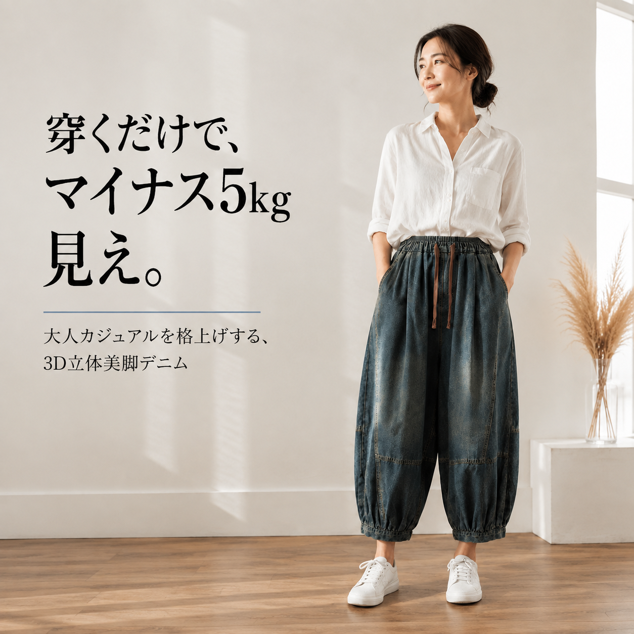 レディースゴムウエストゆったり大きいサイズ切り替えデニム九分丈ハーレムパンツ