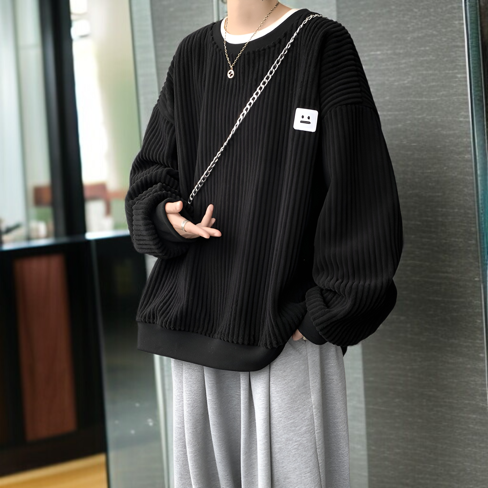 新しいメンズカジュアルスウェットシャツ 和風コーデュロイ ラウンドネック スウェットシャツ プラスベルベット 厚手スウェットシャツ メンズジャケット