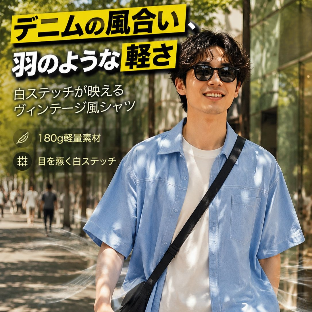 メンズゆったり大きめデニム半袖シャツ、カジュアルスタイル、目立つステッチ