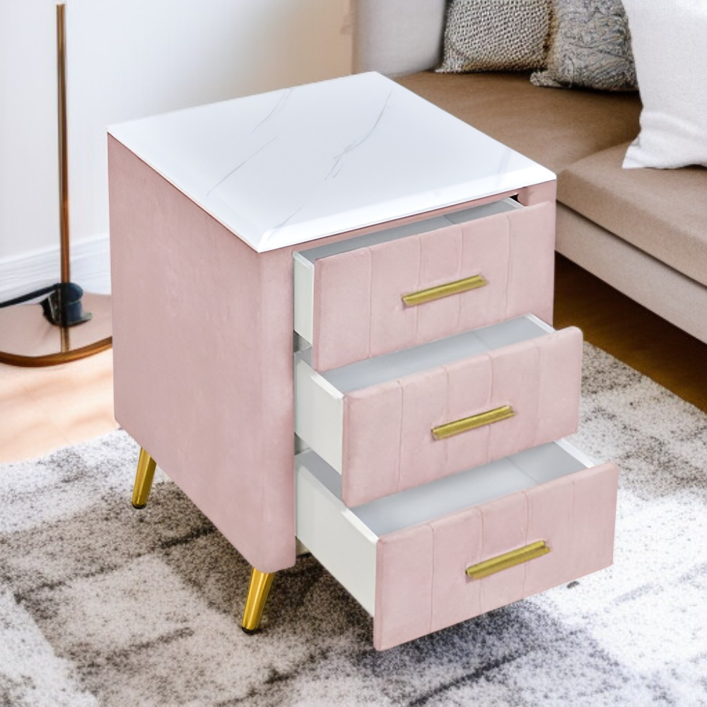 三段引き出し付き金属脚と取っ手の完成済み木製ナイトスタンド