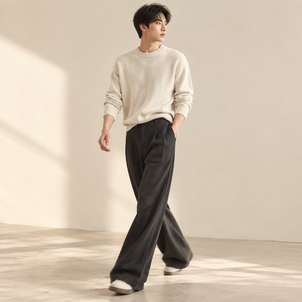 봄가을 남성용 한국 스타일 드레이프 핏 부츠컷 바지