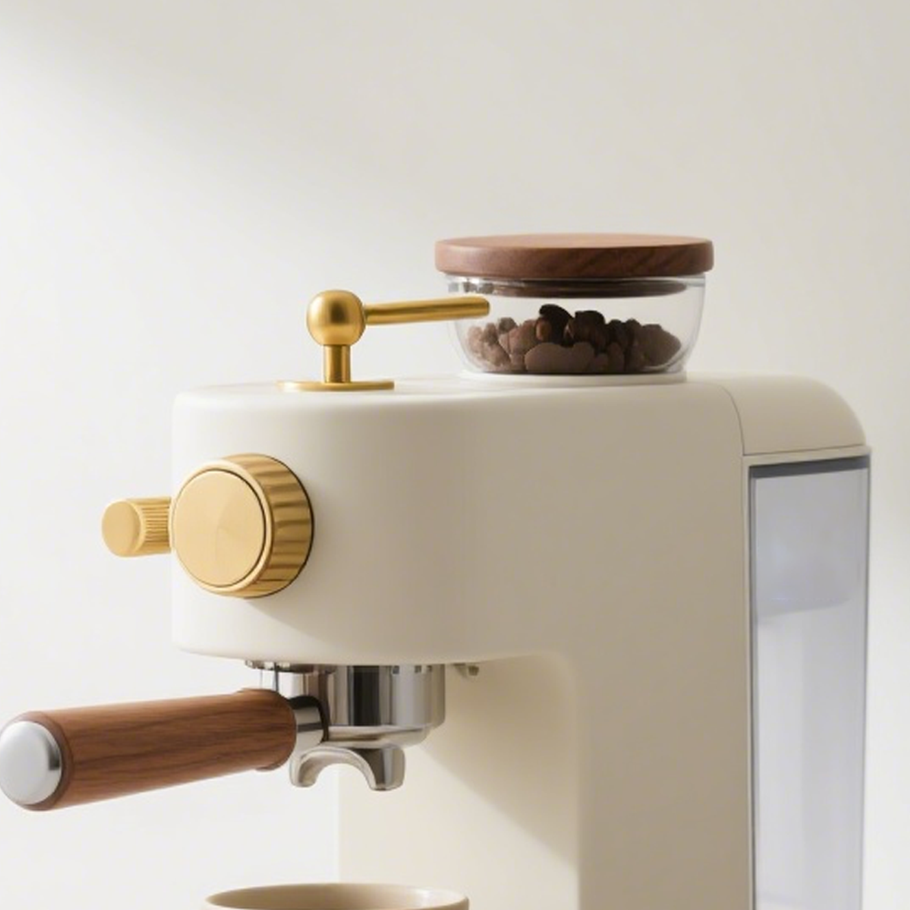 Detalle del diseño elegante de la cafetera espresso de acero inoxidable