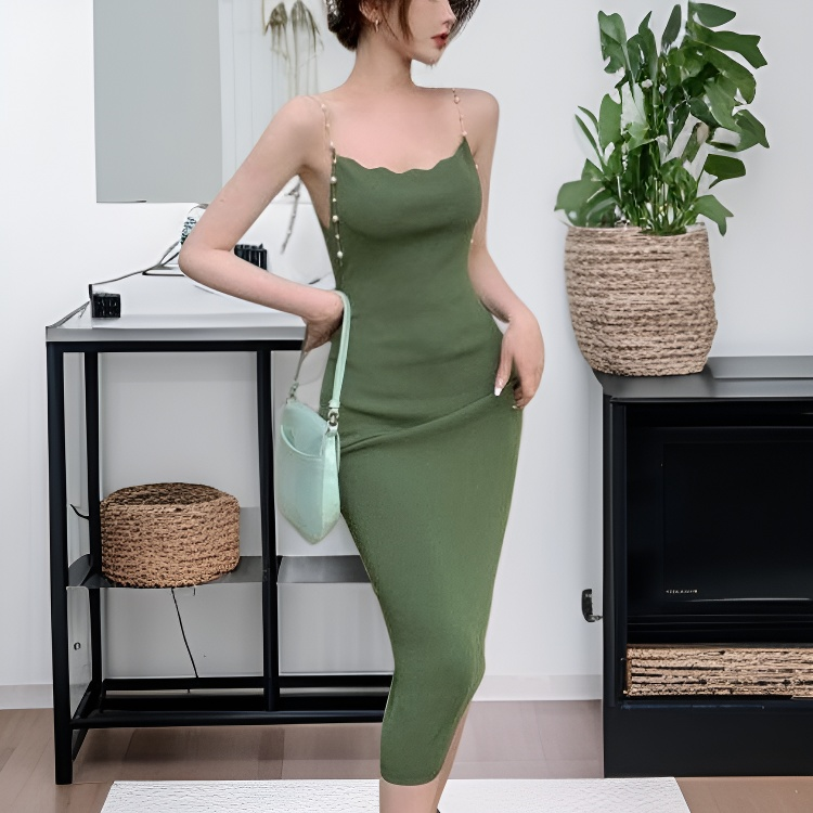 夏のセクシーなパールグリーンラップロングスカート