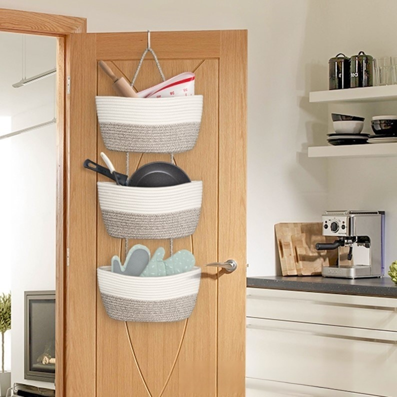 三層掛籃棉繩編織收納筐