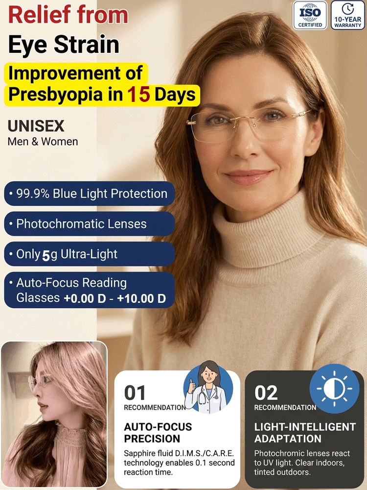 Light-sensitive colour-changing zoom rimless presbyopia glasses 【Men's and women's models】