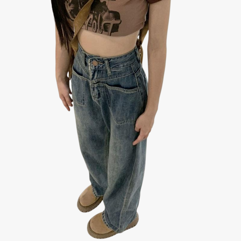 여성 하이웨스트 와이드 데님 슬리퍼 앞포켓 하이웨스트 스트레이트 팬츠
