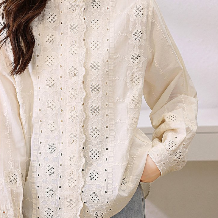 가을 레이스 카라 살구색 여성 긴팔 자수 플라워 셔츠