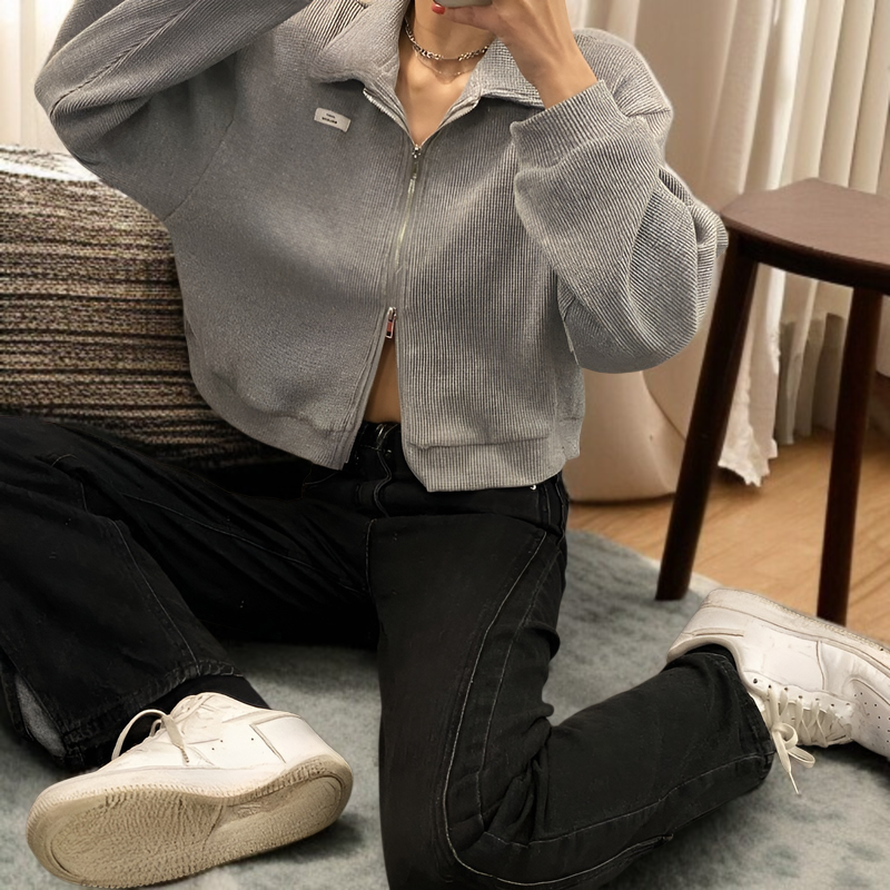 女性用ジッパー付きスポーツワッフルジャケット、春と秋のスタイル、万能カーディガン、学生向けの新しいスタイル、ショートトップス