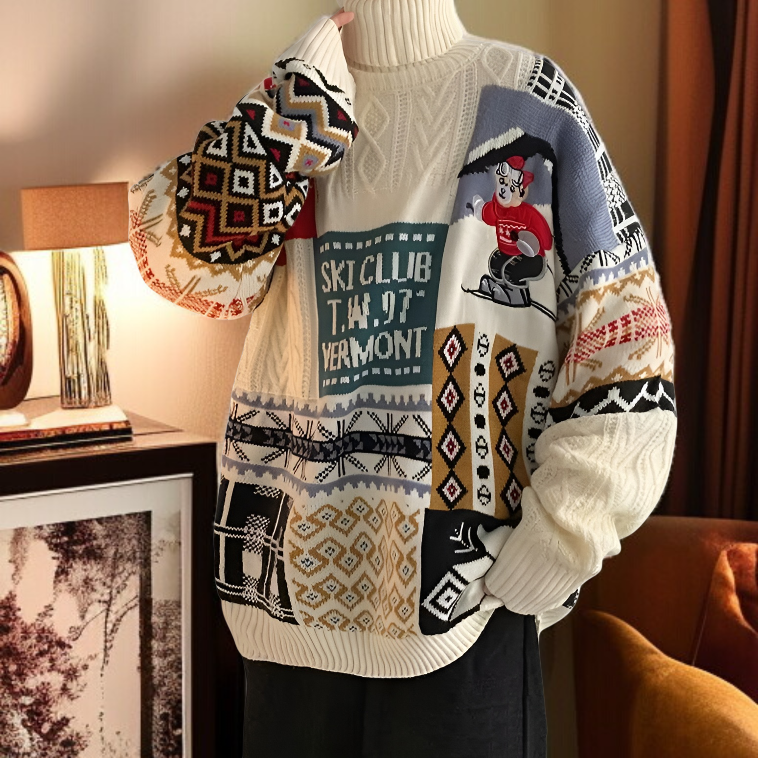 Christmas turtleneck sweater for men and women, autumn and winter, American preppy style, fleece-lin