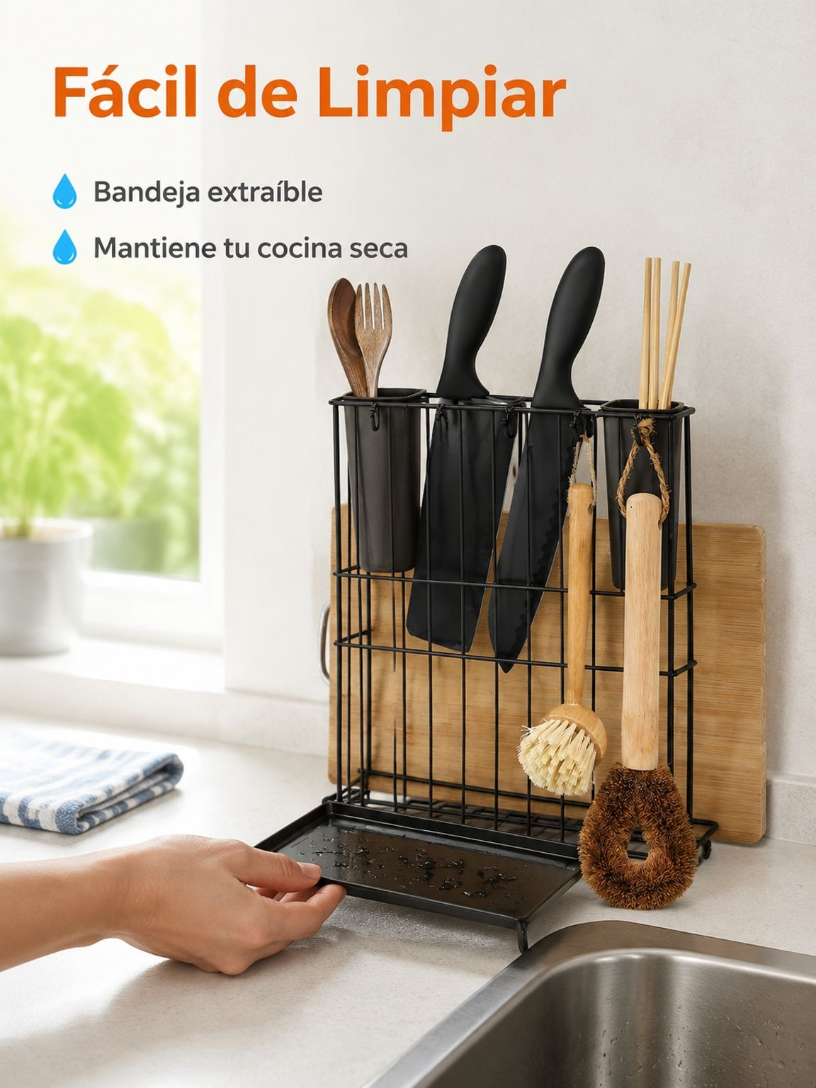 Soporte doméstico para cucharas con tabla de picar