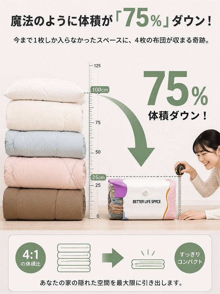【掃除機・ポンプ完全不要】上に座って秒で片付く！クローゼットが瞬時に2倍になる【20kg耐荷重の超大容量】立体圧縮袋
