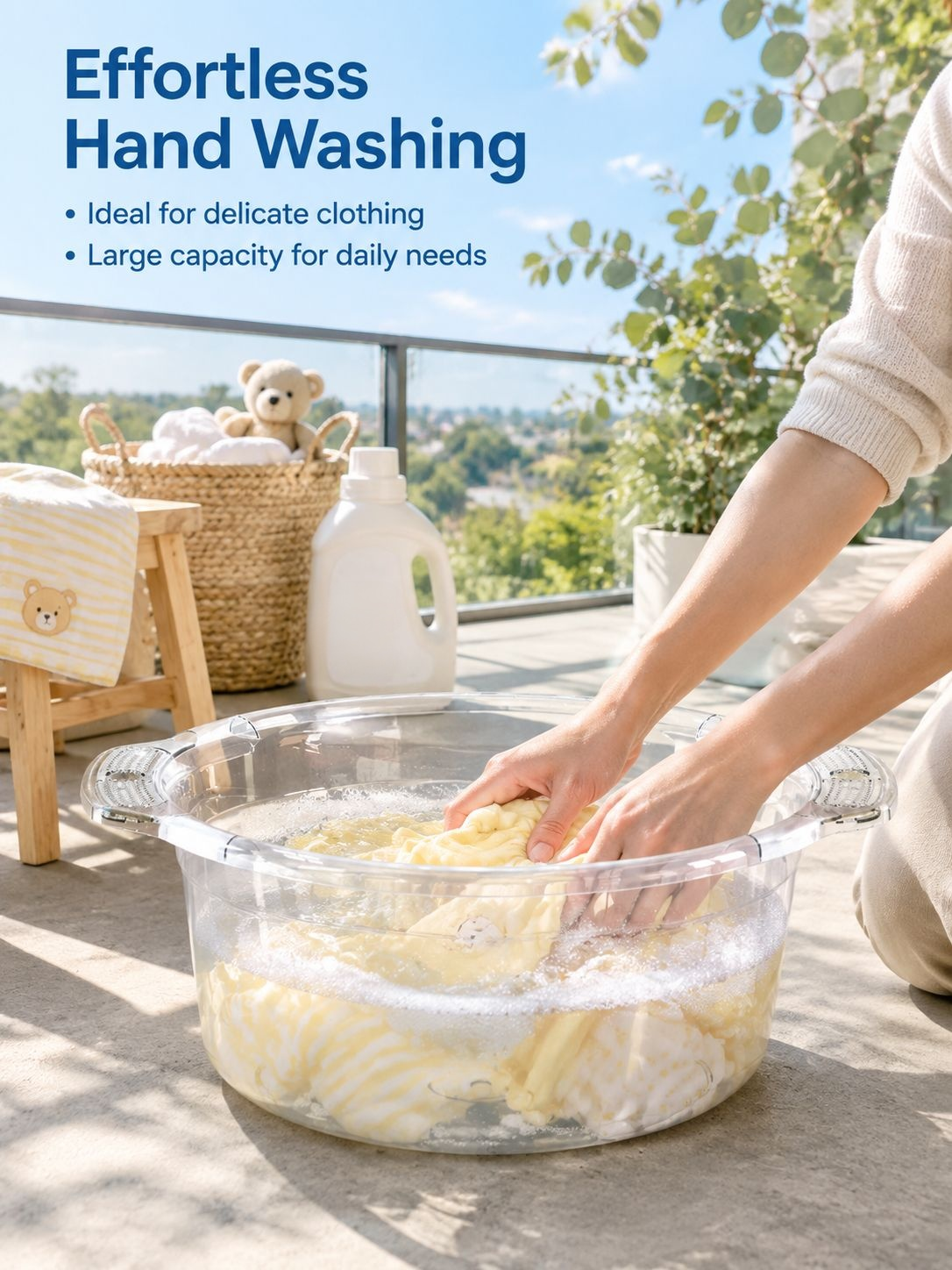 Roomy transparent basin for everyday washing