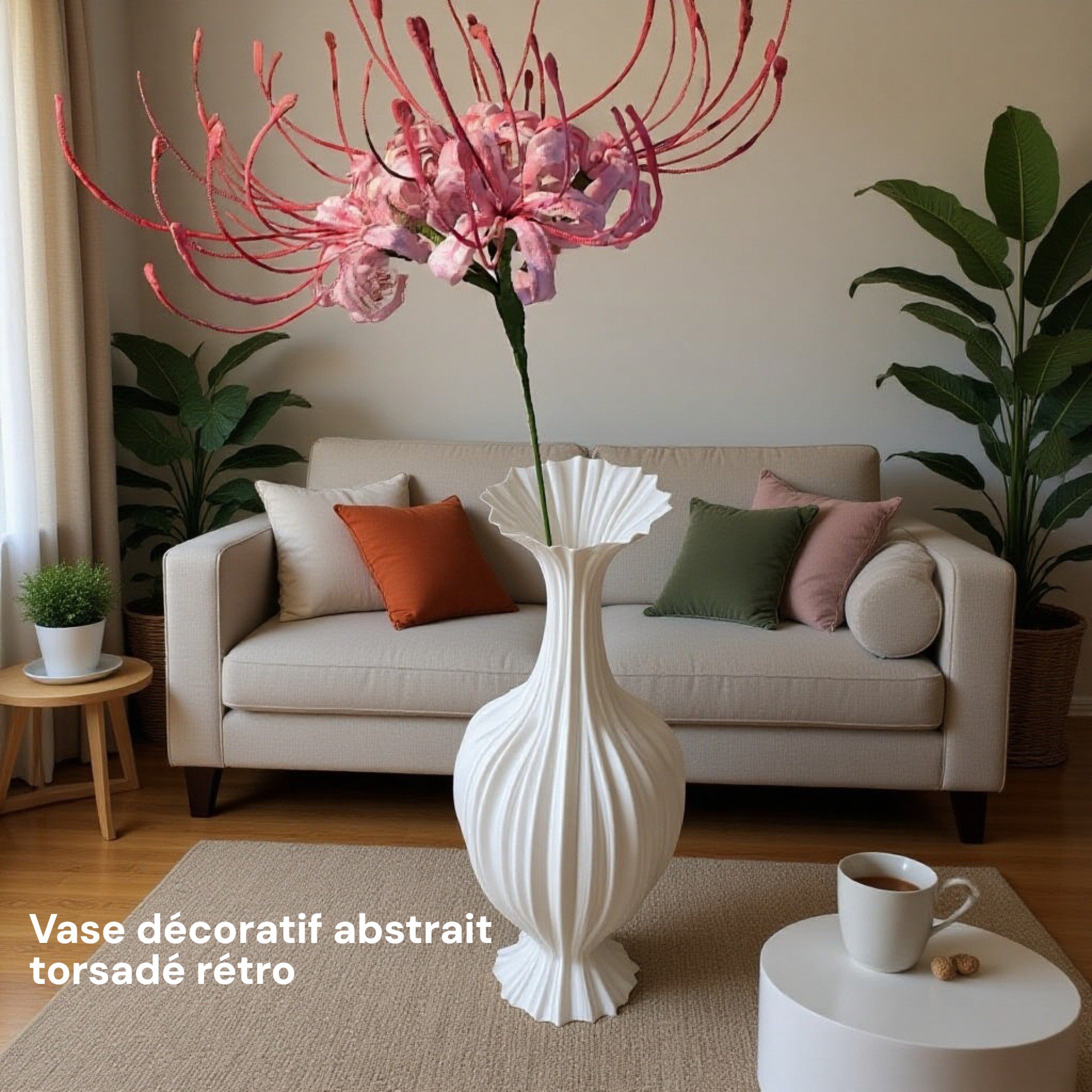 Vase décoratif abstrait torsadé rétro sur table en bois