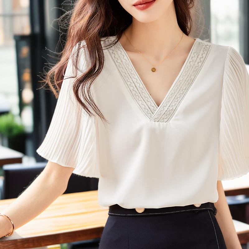 여성 여름 반팔 상의 배 가리는 반팔 화이트 셔츠 봄옷 블라우스 반팔 상의