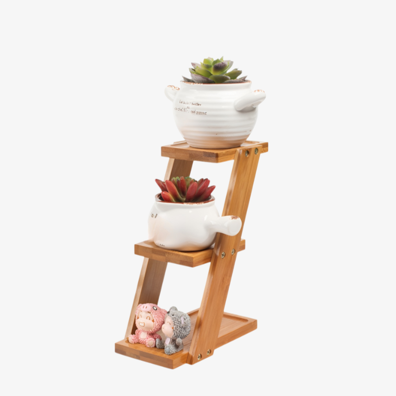 デスクトップフラワースタンド 小さな植木鉢用植物スタンド 竹製 小さな鉢植え植物に最適
