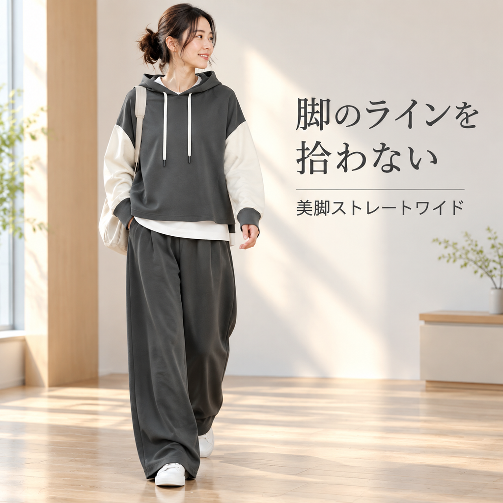春秋冬新作 日系フード付き配色長袖トップス ワイドパンツ2点セット