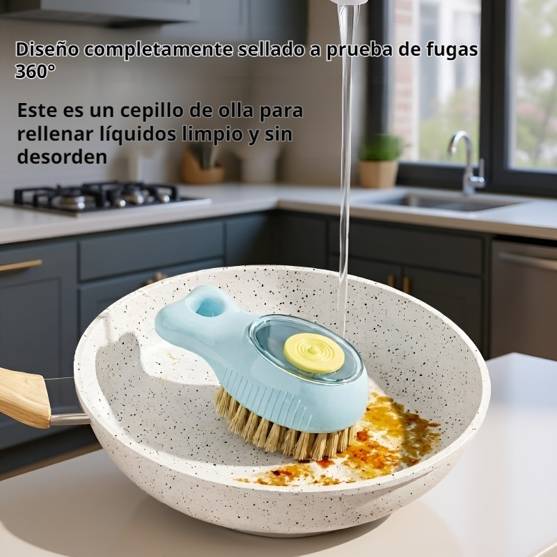Cepillo limpiador de esquinas para fregadero con depósito de jabón