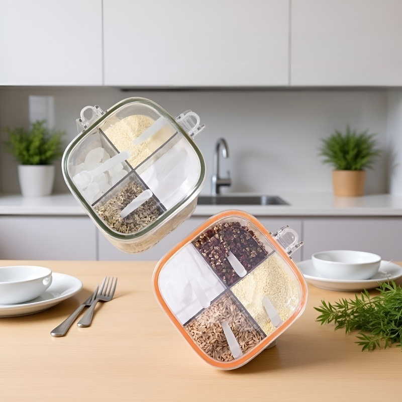 علبة توابل المطبخ المنزلية محكمة الإغلاق مقاومة للرطوبة برباعية الأقسام مدمجة لحفظ الملح وMSG وال