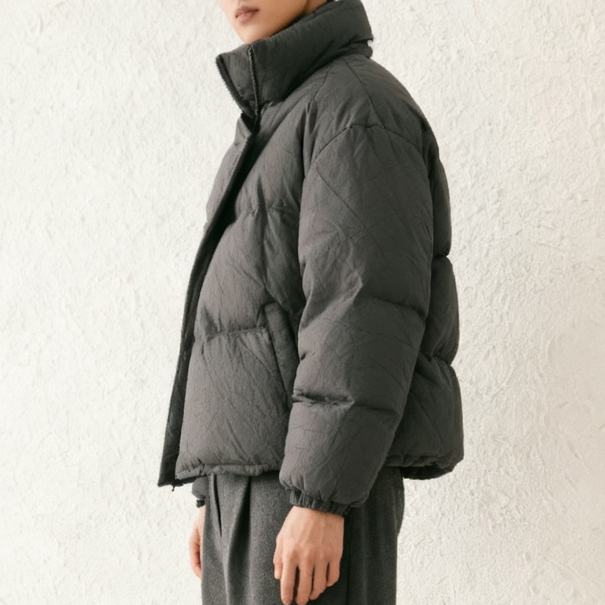 모던 그레이 언밸런스 롱 패딩