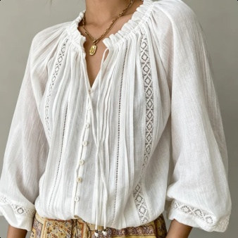 Europäischer Stil weiße Bluse mit Lochmuster und Puffärmeln lässiges Oberteil