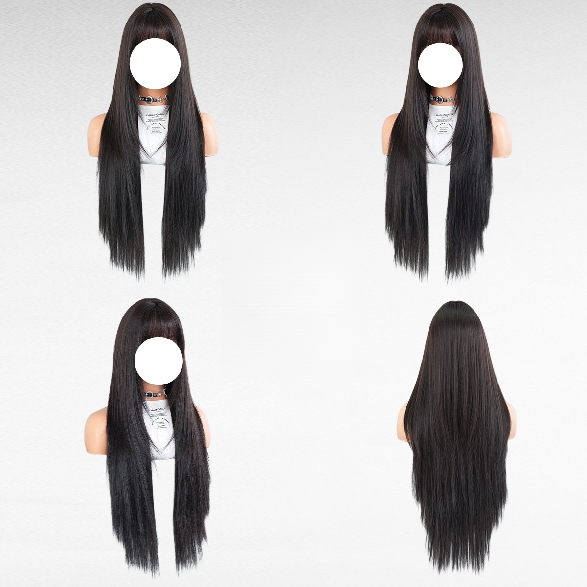 여성용 패션 긴 흑색 레이어드 풀위그, 둥근 얼굴용