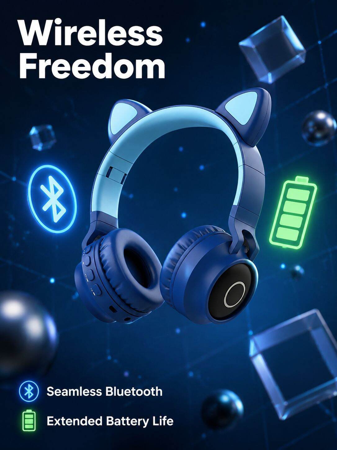 Cute pluggable cat ears light-up wireless Bluetooth headphones