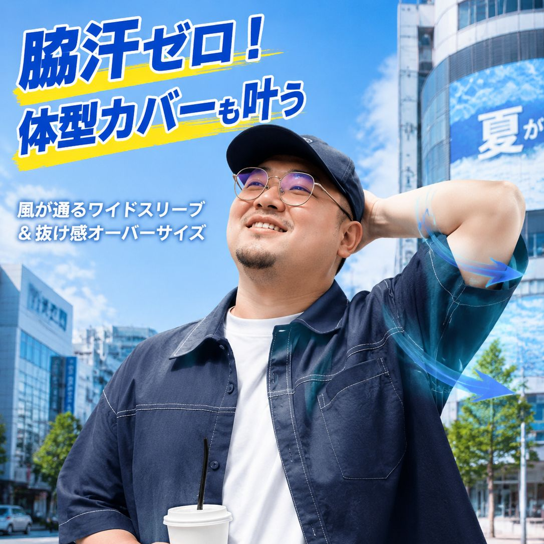 メンズゆったり大きめデニム半袖シャツ、カジュアルスタイル、目立つステッチ