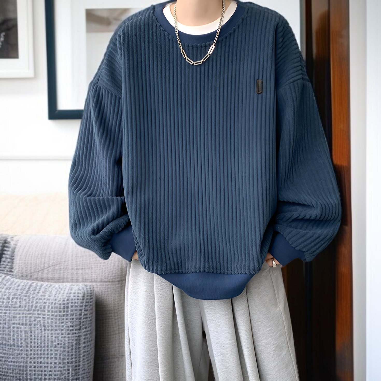 新しいメンズカジュアルスウェットシャツ 和風コーデュロイ ラウンドネック スウェットシャツ プラスベルベット 厚手スウェットシャツ メンズジャケット