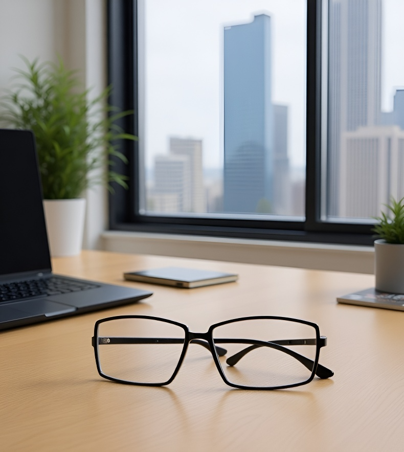 Lesebrille mit Blaulichtfilter am Schreibtisch