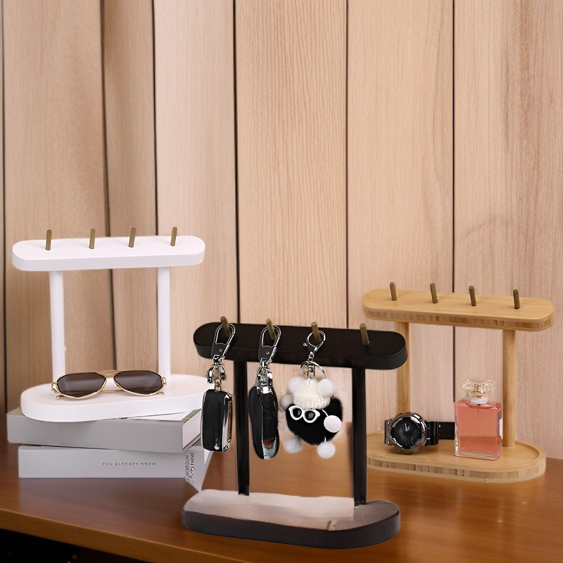 多機能木製キースタンド キーフック カードホルダー 携帯電話収納付き