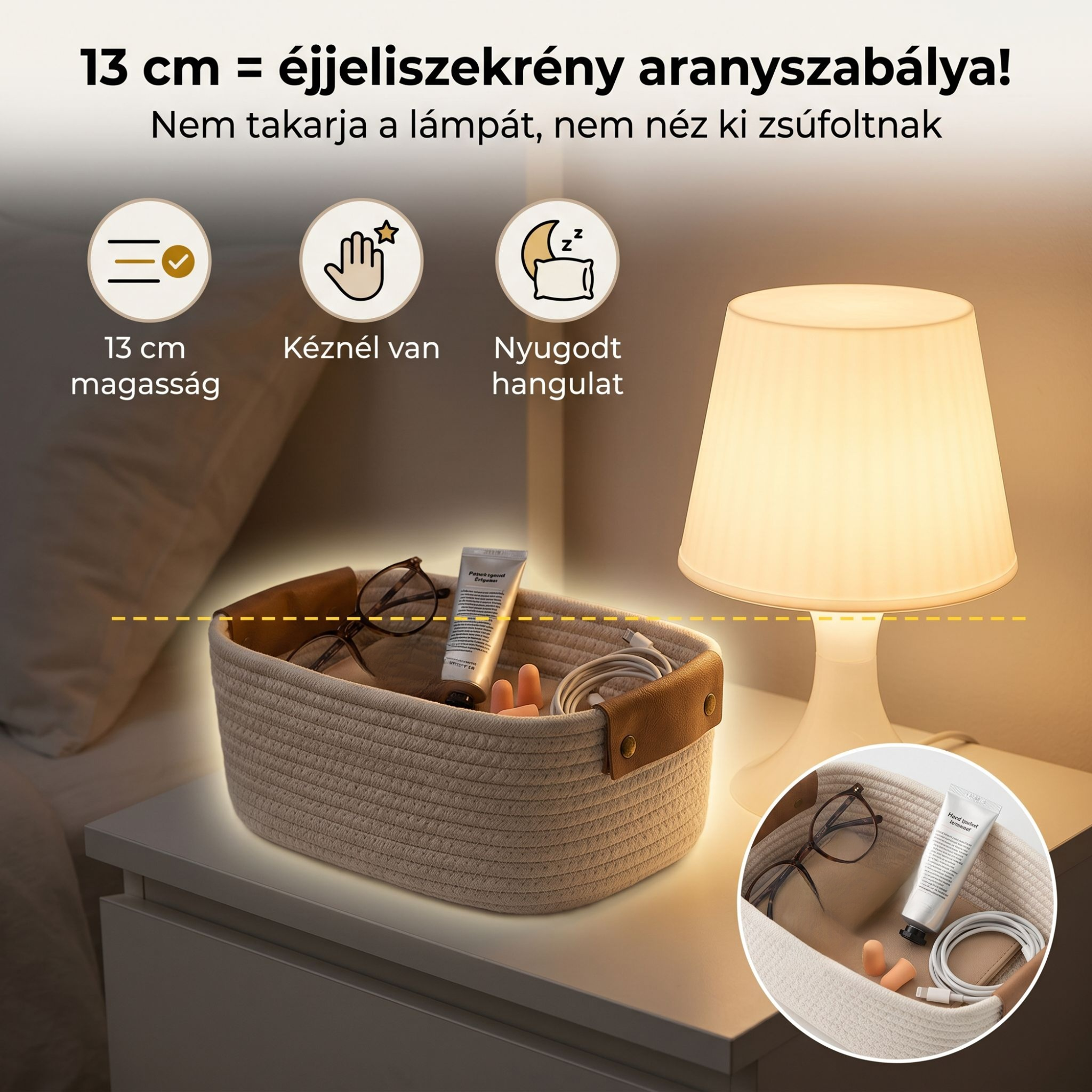 Kreatív hordozható fonott tárolókosár, otthoni asztali apróságok rendszerezéséhez