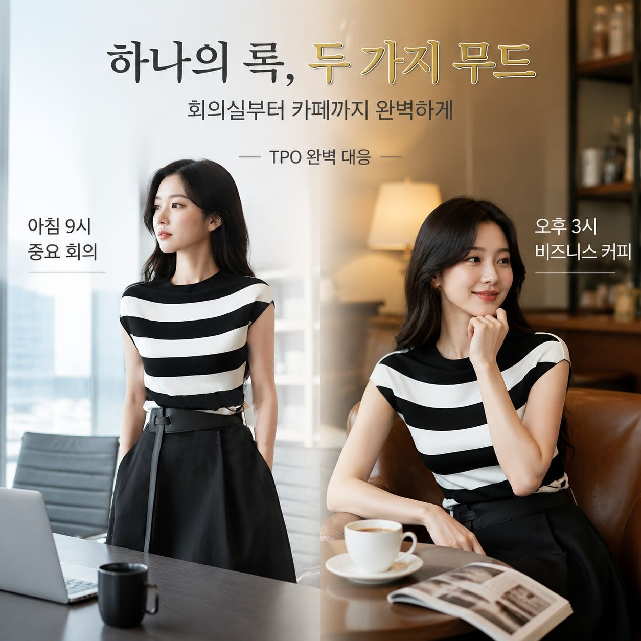 캐주얼 스트라이프 상의+스커트 세트