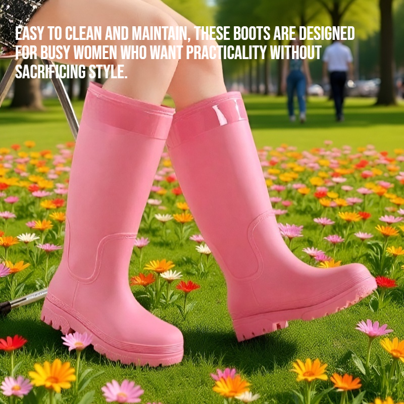 Women's fashionable outdoor long rain boots on white background