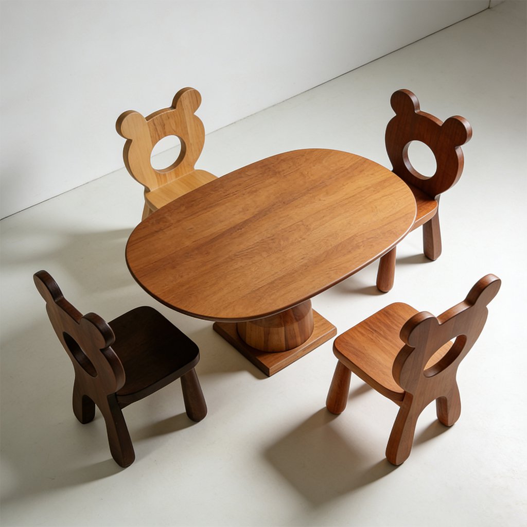 Spacious wooden dining table with matching chairs