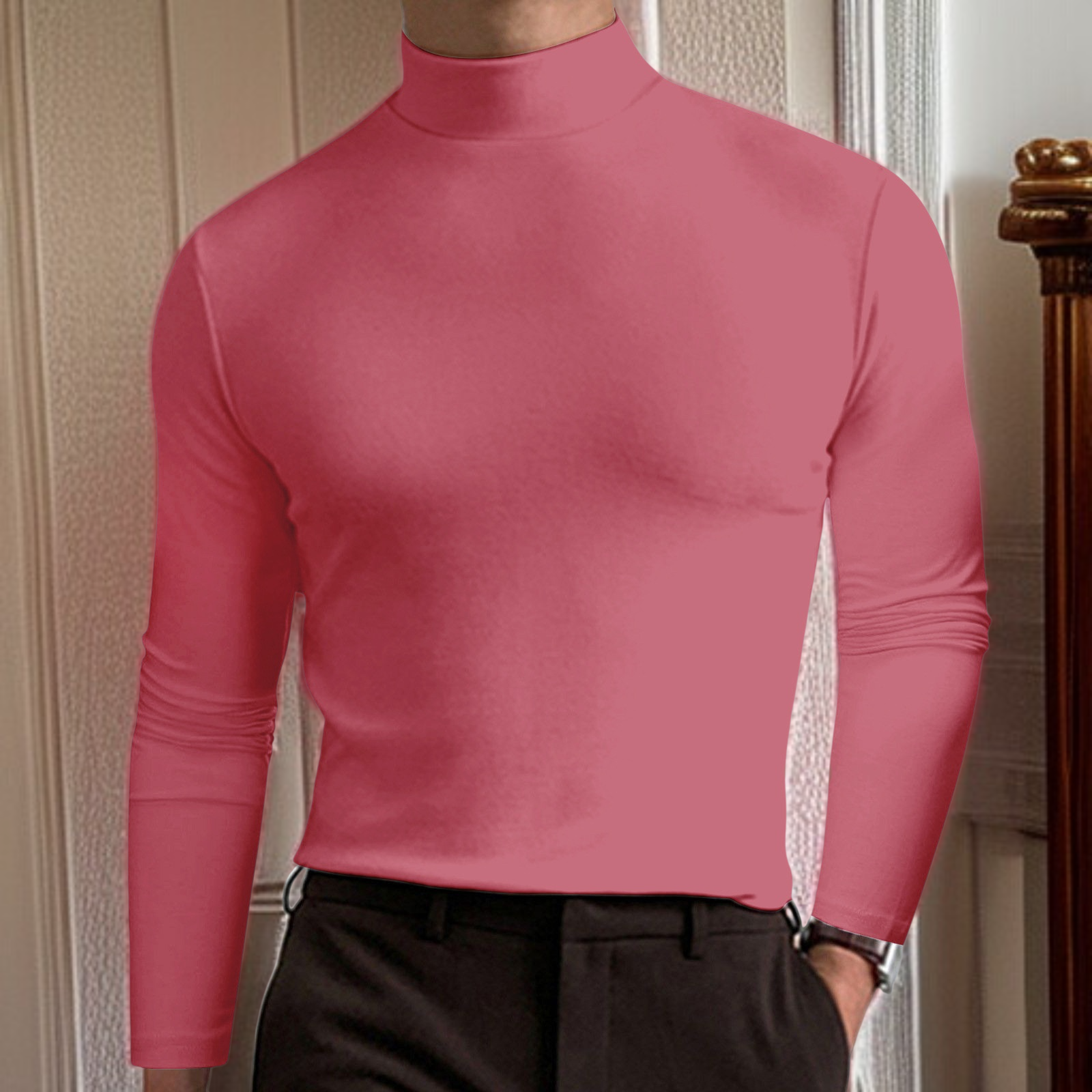 Detail of fabric texture on men's high neck shirt