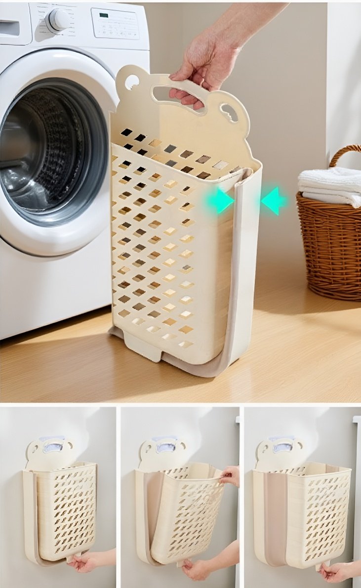 세탁기 옆에 놓인 실용적인 세탁 바구니