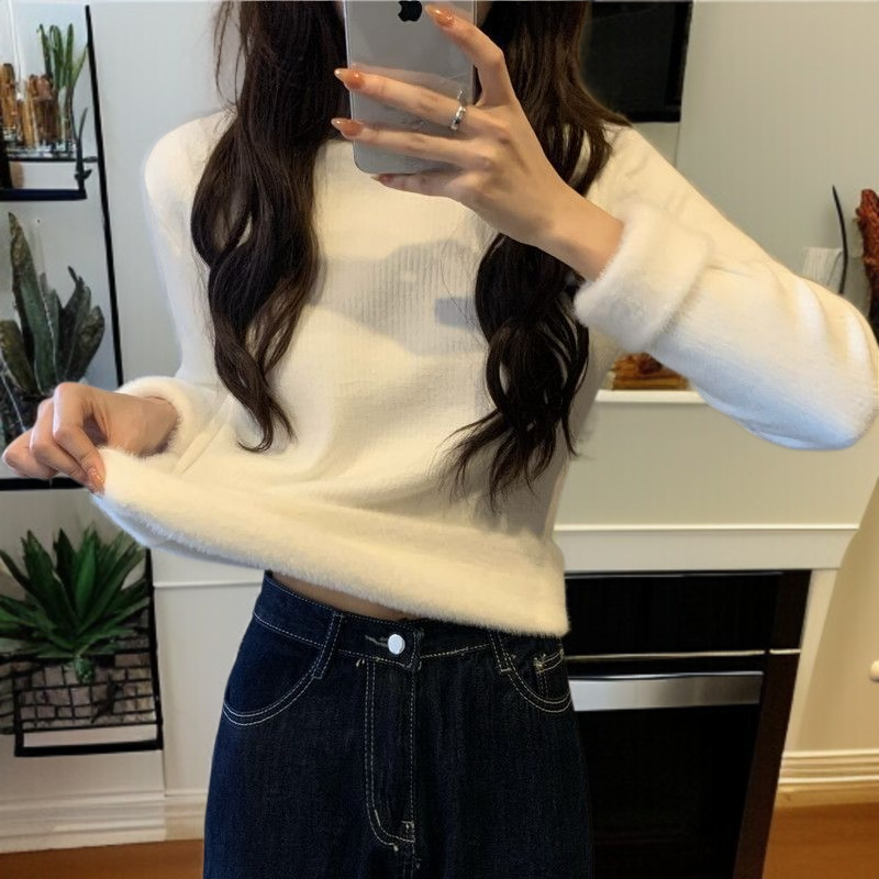 中わた入り厚手ニットレディース長袖ワンピースフリーストップス秋冬ボトムスシャツハーフハイネックニットソー