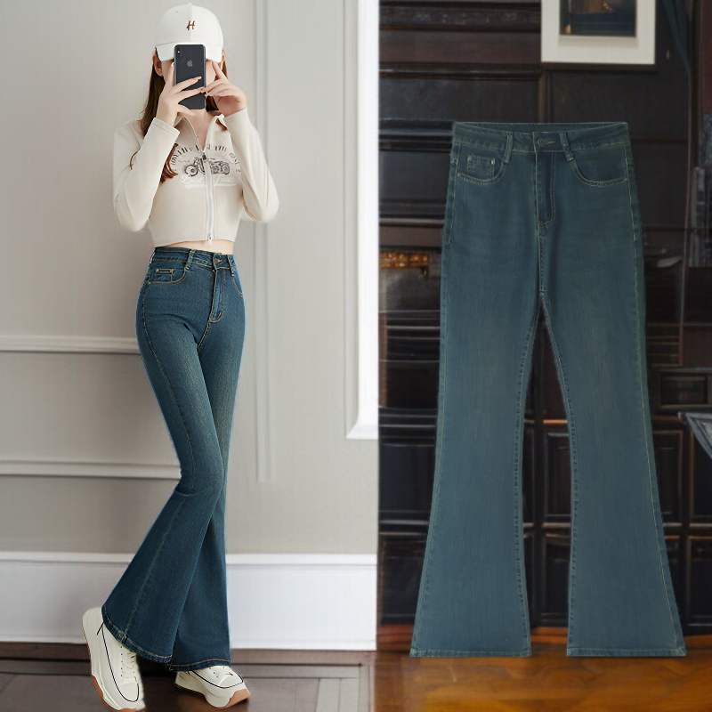 小さめハイウエストワイドジーンズ女性春春スリム細めマイクロフレアワイドパンツ