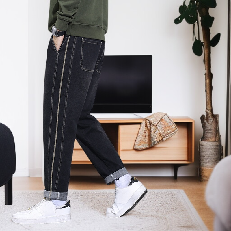 メンズハンサムゴムウエストルーズストレートカジュアルパンツメンズジーンズパンツ