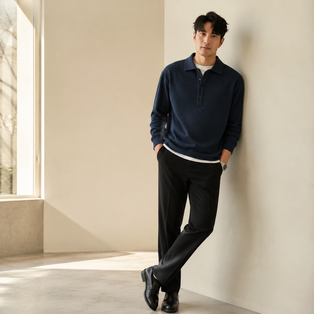 가을 루즈핏 남성 올드머니 레이어드 폴로넥 긴팔 이너