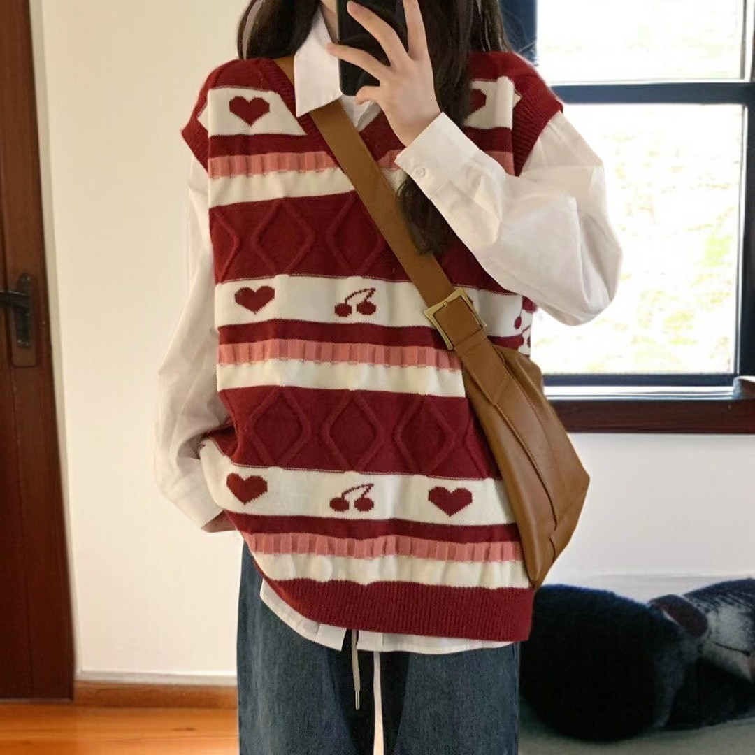女子学生ニット・ジャンパー ストライプVネックセーター チェリー・ジャカード・クラッシング・セーター 女性学生ニットベストセーター